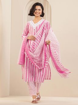 Libas - Pink Floral Printed Straight Kurta with Pant & Dupatta (Set of 3)