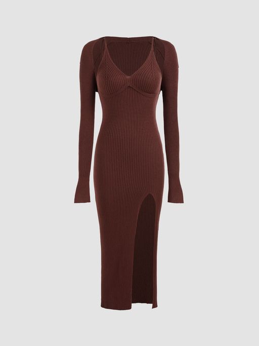 Buy Cider Knit V Neck Split Cami Midi Dress and Shrug (Set of 2) Online