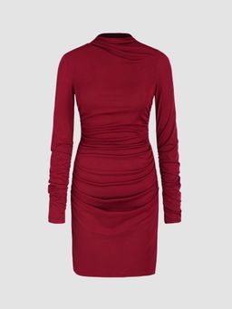 Cider - Stand Collar Solid Ruched Mini Dress