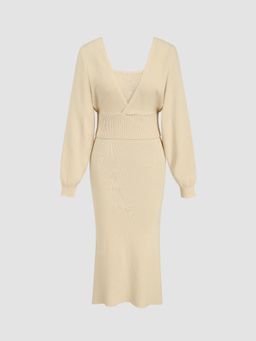 Cider - Knit U Neckline Solid Backless Midi Dress (Set of 2)