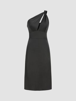 Cider - Satin Asymmetrical Neck Solid Knotted Knee Dress