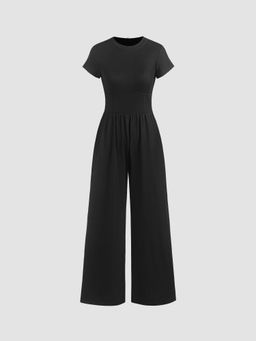Cider - Round Neckline Ruched Wide Leg Jumpsuit