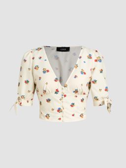 Cider - Floral Shirred Ruffle Hem Short Sleeve Crop Top