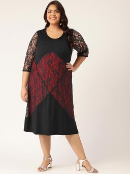 theRebelinme - Plus Size Womens Red & Black Lace Solid Color A-Line Midi Dress