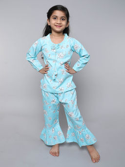 Little Clothings - Girls Printed Ruffled Neck Top and Pyjama Co-Ord - Blue (Set of 2)