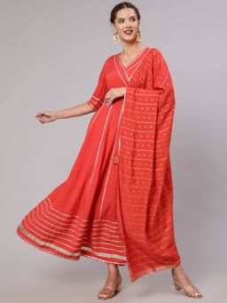 Jaipur Kurti - Women Coral Solid Gota Embellished Anarkali Kurta with Dupatta (Set of 2)