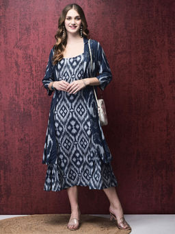 Shree - Women Liva Navy Blue Ikat Print Dress with Shrug (Set of 2)