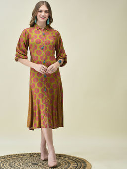 Shree - Women Liva Olive Bandhani Print Dress