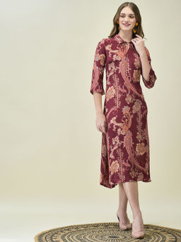 Shree - Women Crepe Burgundy Paisley Print Dress