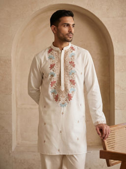 Jompers - White Cotton Blend Floral Embroidered Kurta