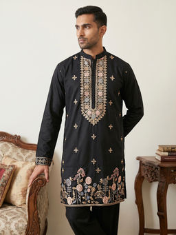 Jompers - Black Cotton Blend Floral Embroidered Kurta