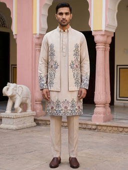 Jompers - Beige Silk Blend Embroidered Kurta with Pyjama and Waistcoat
