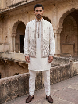Jompers - White Silk Blend Embroidered Kurta with Pyjama and Waistcoat