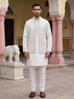 Jompers - White Silk Blend Embroidered Kurta Pyjama and Waistcoat