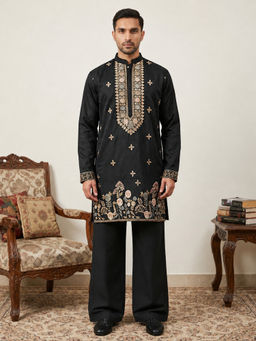 Jompers - Black Cotton Blend Embroidered Kurta with Pyjama