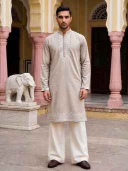 Jompers - Beige Men's Silk Blend Embroidered Kurta with Pyjama