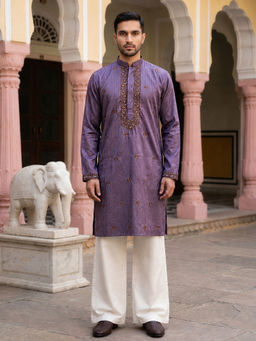 Jompers - Purple Men's Cotton Blend Embroidered Kurta with Pyjama