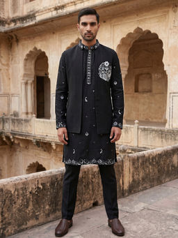 Jompers - Black Japanese Fabric Embroidered Kurta with Pyjama and Waistcoat