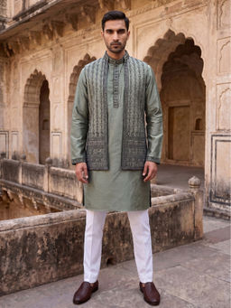 Jompers - Olive Silk Blend Embroidered Kurta with Pyjama and Waistcoat
