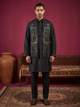 Jompers - Black Cotton Blend Embroidered Kurta with Pyjama and Waistcoat