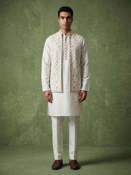 Jompers - White Silk Blend Embroidered Kurta with Pyjama and Waistcoat