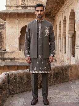 Jompers - Brown Embroidered Kurta with Pyjama and Waistcoat