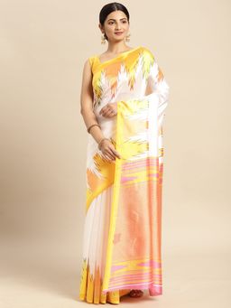 Sangam Prints - White Art Silk Printed Traditional Saree with Unstitched Blouse