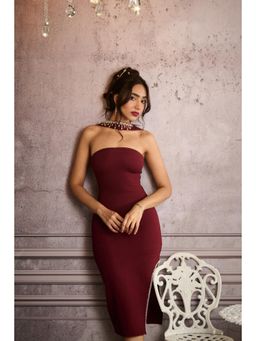 Lea Clothing - Janice Burgundy Embellished Mock Neck Midi Dress