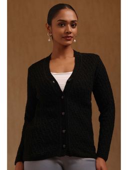 Soch - Women Black Textured Acrylic Knitted Cardigan