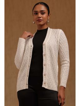 Soch - Women White Textured Acrylic Knitted Cardigan