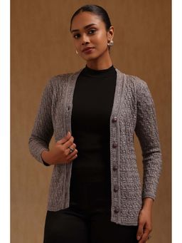 Soch - Women Grey Textured Acrylic Knitted Cardigan