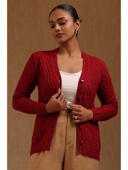 Soch - Women Maroon Textured Acrylic Knitted Cardigan