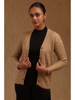 Soch - Women Beige Textured Acrylic Knitted Cardigan