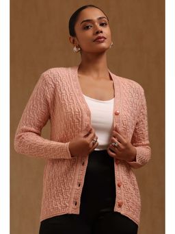 Soch - Women Peach Textured Acrylic Knitted Cardigan