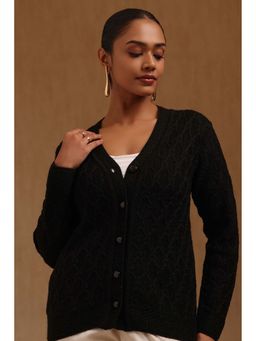 Soch - Women Black Textured Acrylic Knitted Cardigan