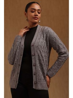 Soch - Women Grey Textured Acrylic Knitted Cardigan