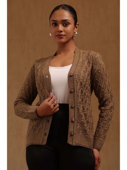 Soch - Women Brown Textured Acrylic Knitted Cardigan