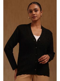 Soch - Women Black Textured Acrylic Knitted Cardigan