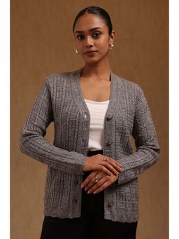 Soch - Women Grey Textured Acrylic Knitted Cardigan