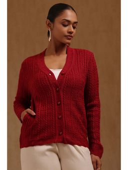 Soch - Women Maroon Textured Acrylic Knitted Cardigan