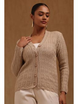Soch - Women Beige Textured Acrylic Knitted Cardigan