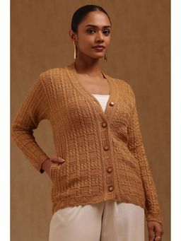 Soch - Women Brown Textured Acrylic Knitted Cardigan