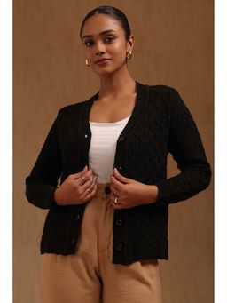 Soch - Women Black Textured Acrylic Knitted Cardigan