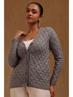 Soch - Women Grey Textured Acrylic Knitted Cardigan
