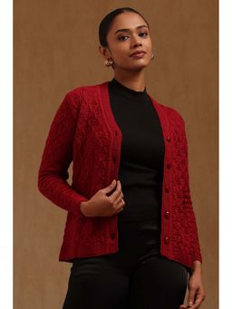 Soch - Women Maroon Textured Acrylic Knitted Cardigan
