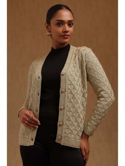 Soch - Women Green Textured Acrylic Knitted Cardigan