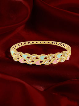 Zaveri Pearls - Pink And Mint Green Enamel Cubic Zirconia Brass Kada Bracelet-Zpfk22094