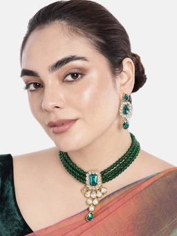 Peora - Gold Plated Traditional Green Kundan Studded Beaded Classic Drop Earrings Set