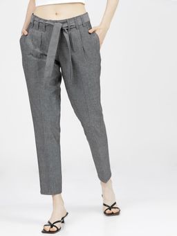 TOKYO TALKIES - Women Grey Straight Fit Mid-Rise Pleated Peg Trousers with Belt (Set of 2)