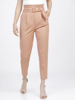 TOKYO TALKIES - Women Peach Ankle Length Trouser With Belt (Set of 2)